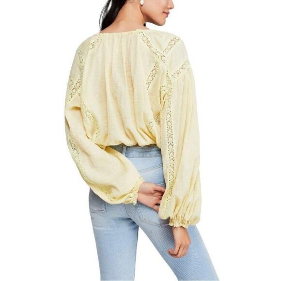 Free People $128 Maria Maria Yellow Embroidered Peasant Boho Blouse Top Small - Picture 4 of 8